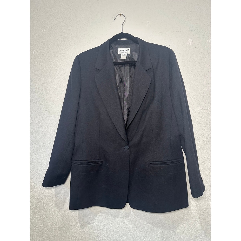 Pendleton Womens Black 100% Virgin Wool Single Button Blazer Jacket Size 14